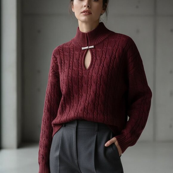 NWT preppy cable knit sweater silver clip by Commense burgundy XL - Picture 1 of 9